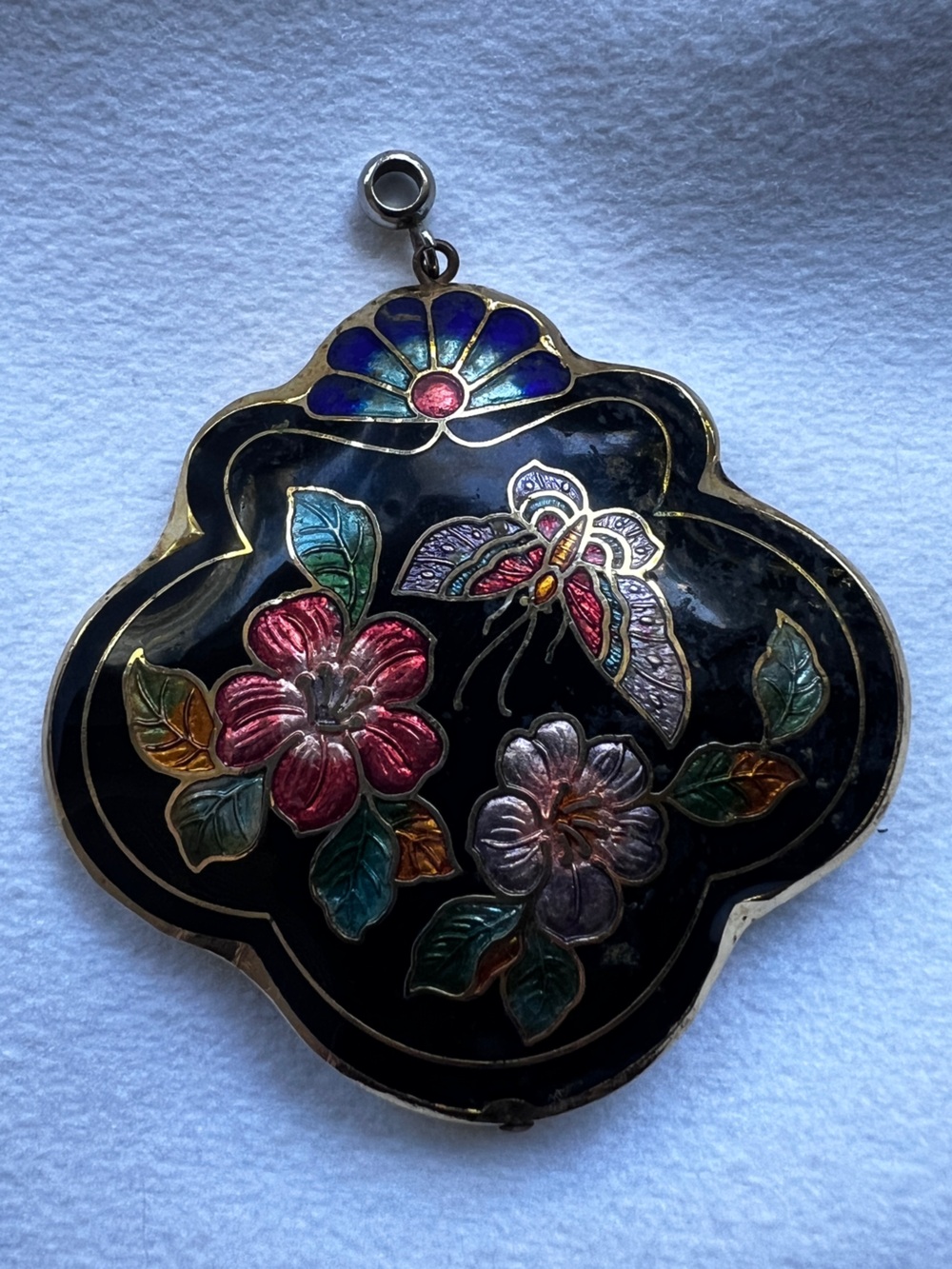 Vintage / Antique Black Floral Cloisonné Pendant with Multicolor Enamel